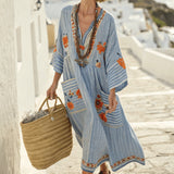 Robe Caftan "Perrine" – Bleu Fleuri d'Égée