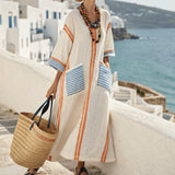 Robe Caftan "Élise" – Style Riviera avec Rayures Contrastées