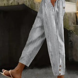 Daphné | Pantalon estival rayé avec détails de boutons élégants